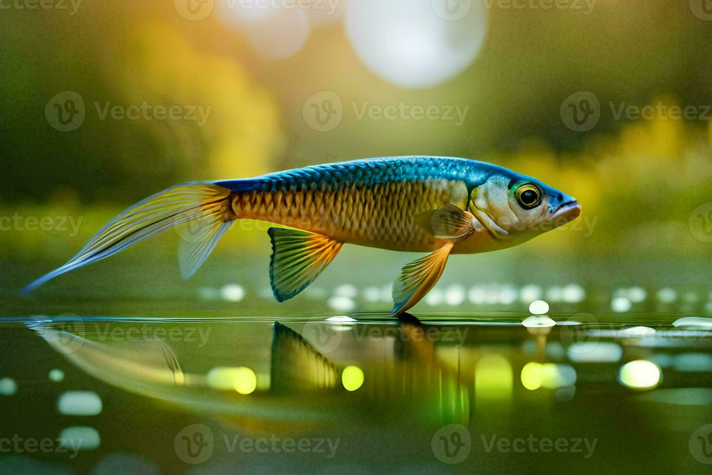 a fish with blue and yellow fins standing in water. AI-Generated photo