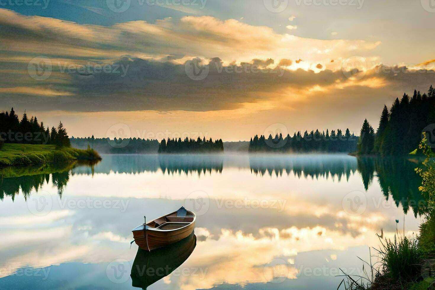 a boat sits on the calm water at sunset. AI-Generated photo