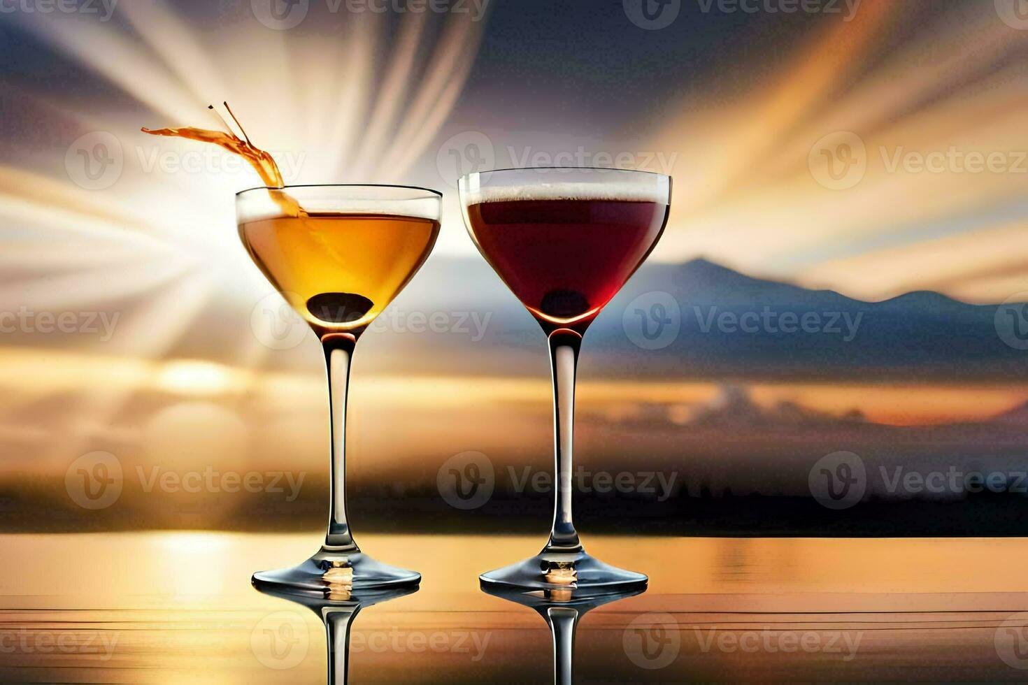 two glasses of wine with a sunset in the background. AI-Generated photo