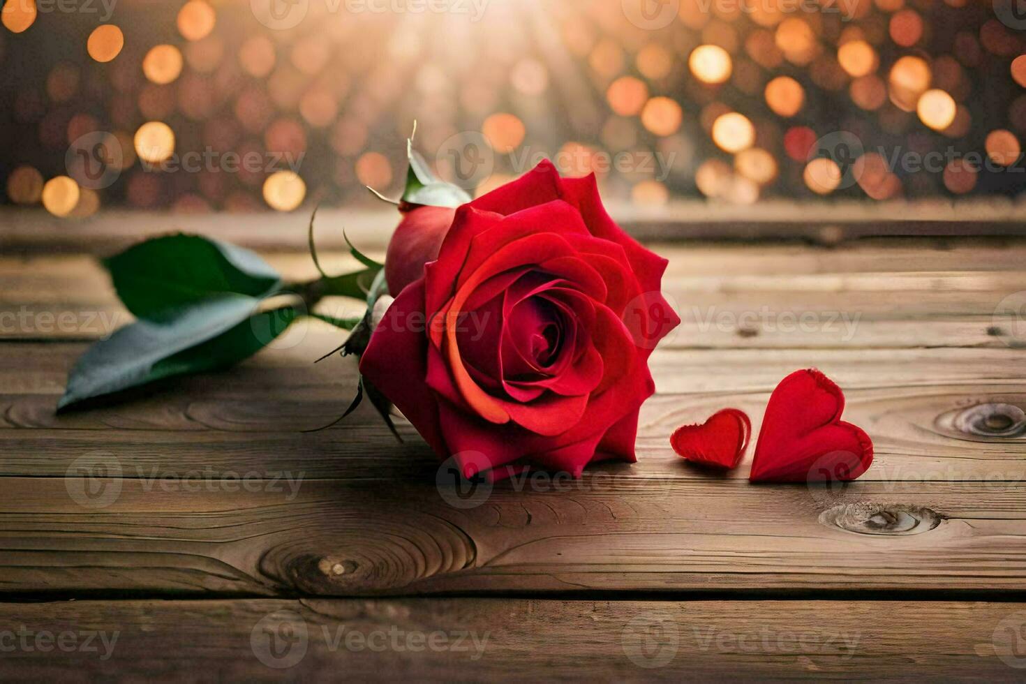 a single red rose on a wooden table with a heart. AI-Generated photo