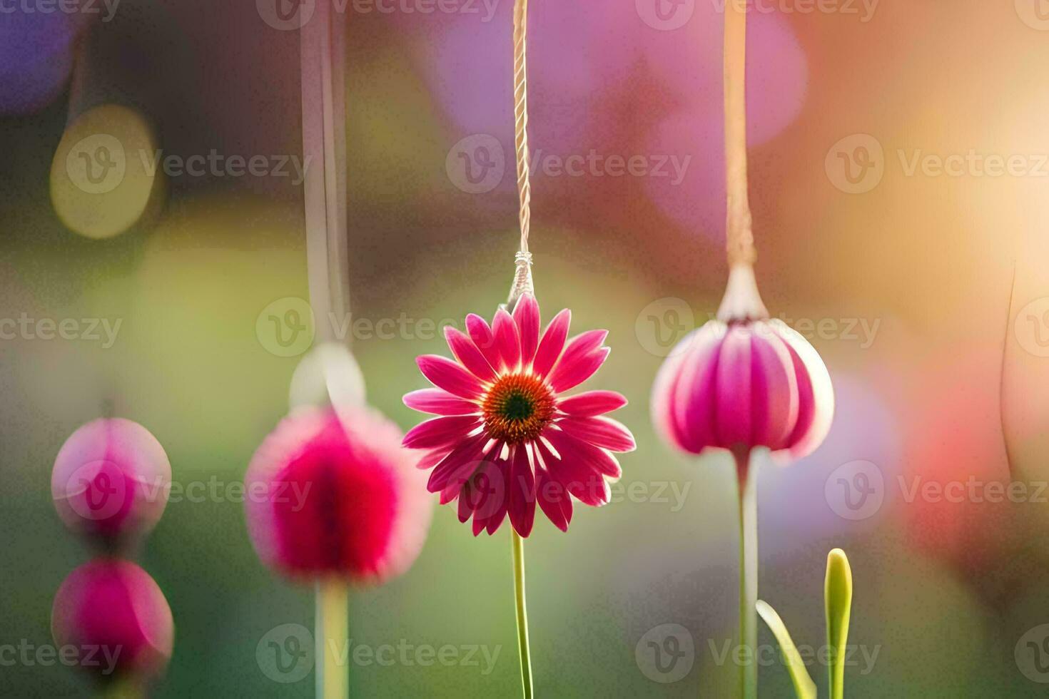 pink flowers hanging from strings in the sun. AI-Generated photo