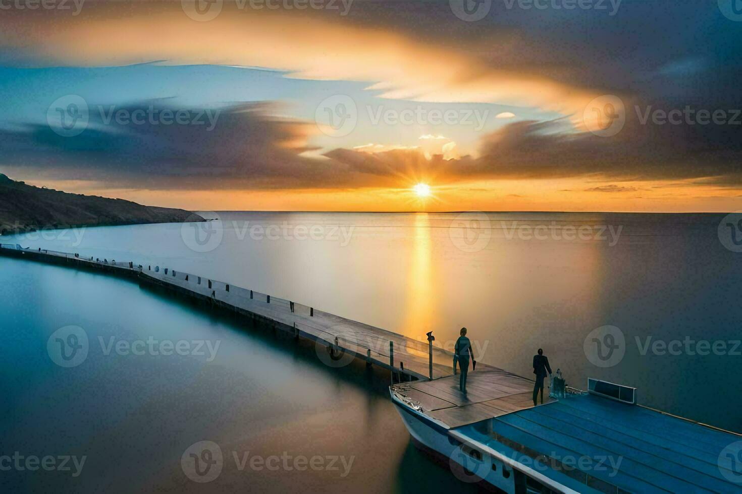 a boat is docked at the end of a pier at sunset. AI-Generated photo