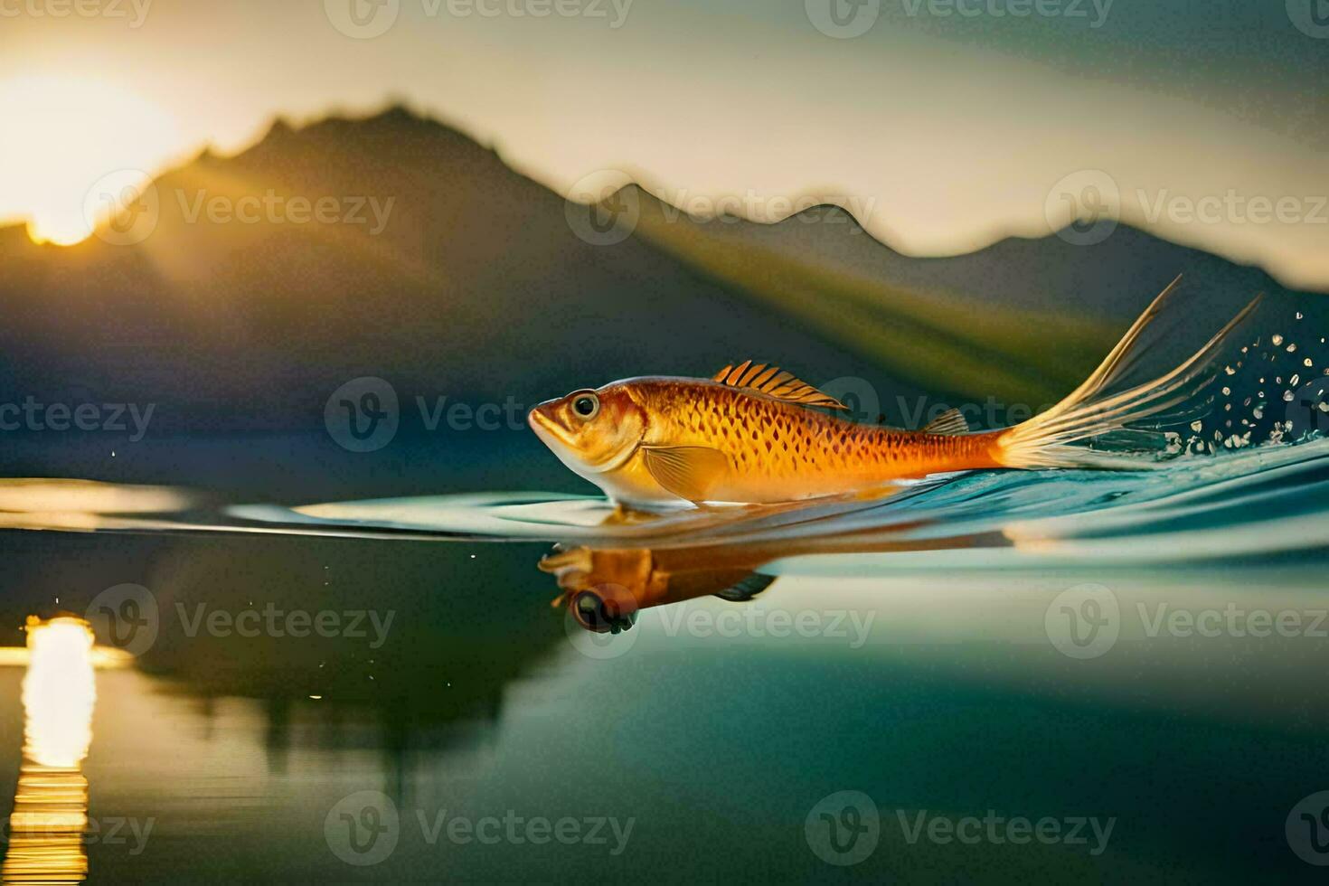 a fish swimming in the water with mountains in the background. AI-Generated photo