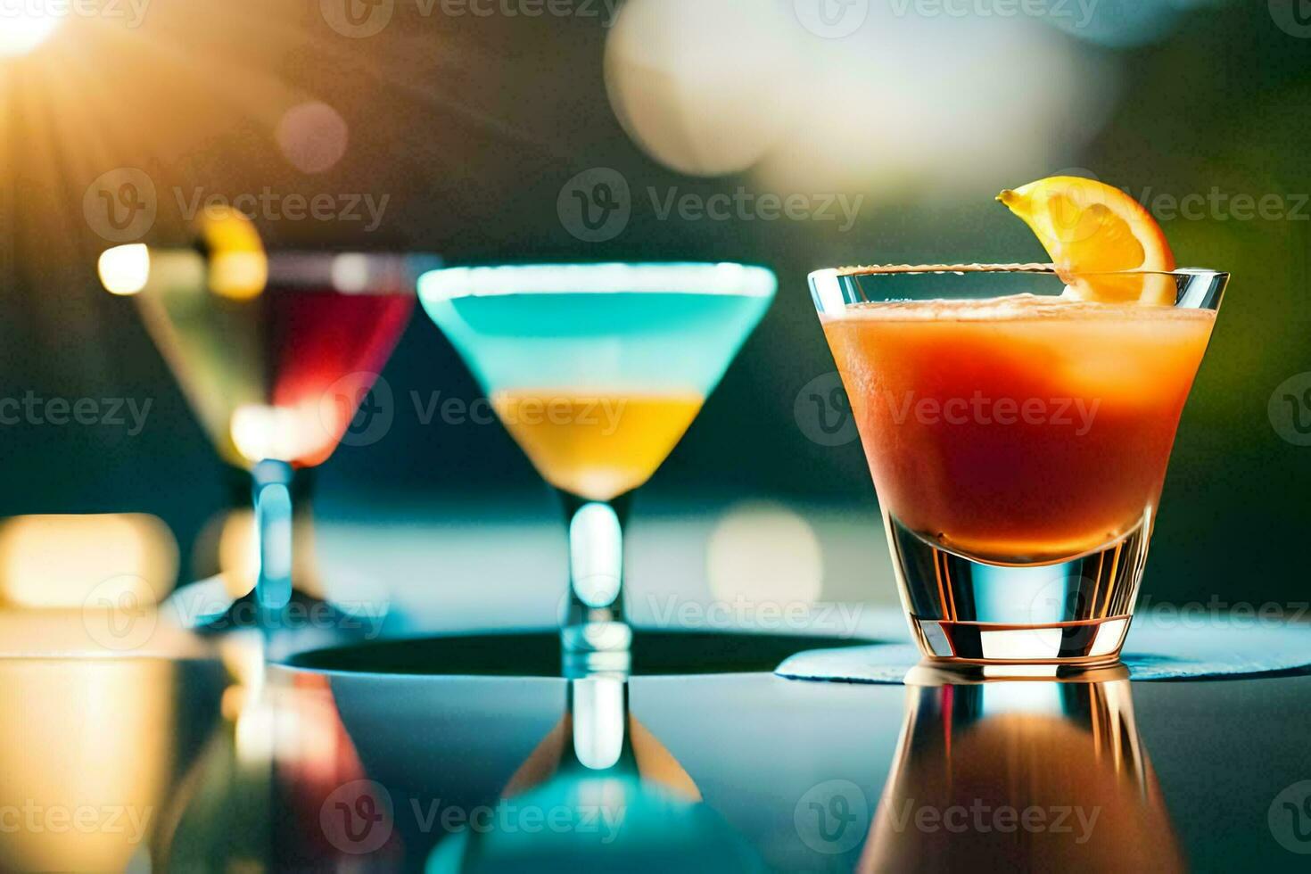 three different cocktails on a table. AI-Generated photo