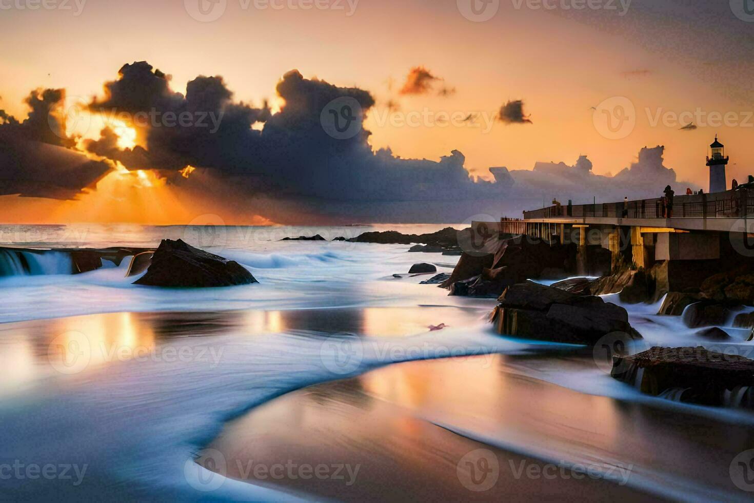 sunset over the ocean with waves crashing into rocks. AI-Generated photo