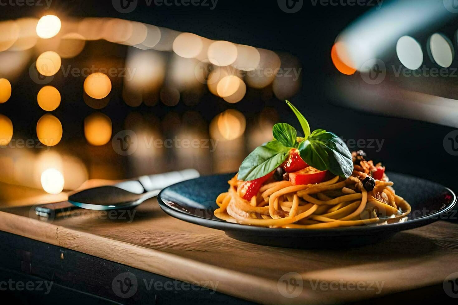 a plate of pasta with tomato and basil on a wooden table. AI-Generated photo