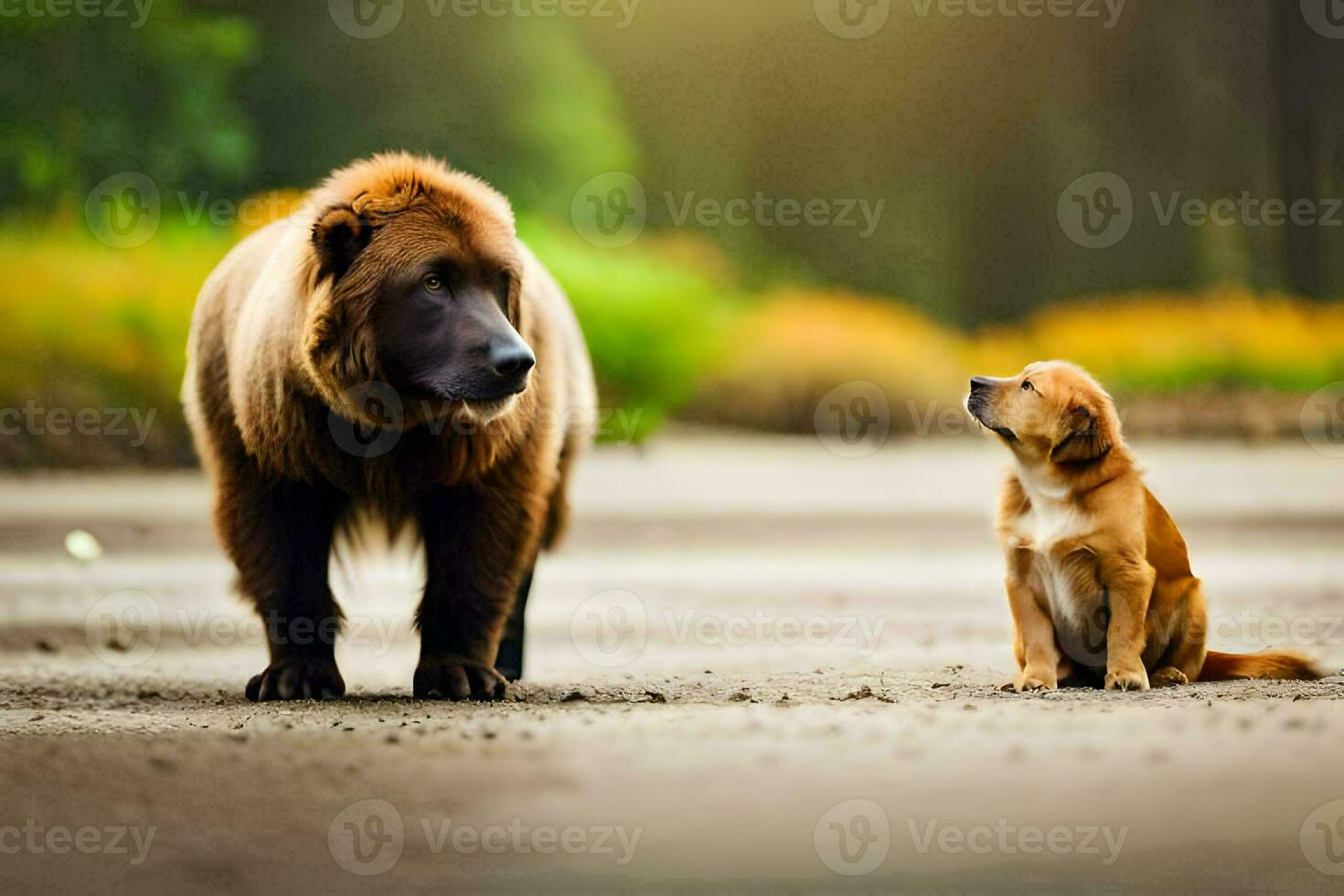 a brown bear and a puppy standing on a dirt road. AI-Generated photo