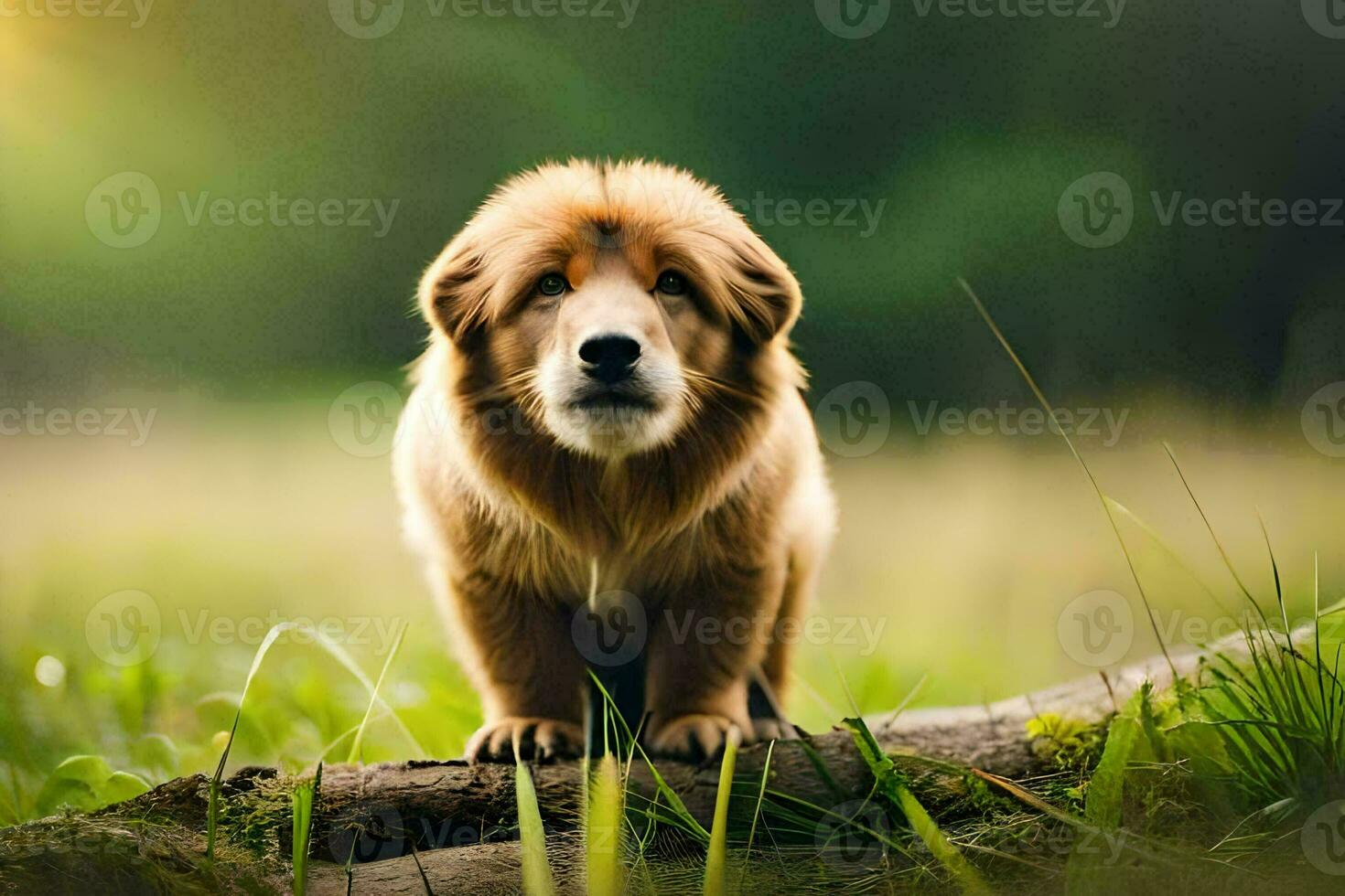 a dog standing on a log in the grass. AI-Generated photo