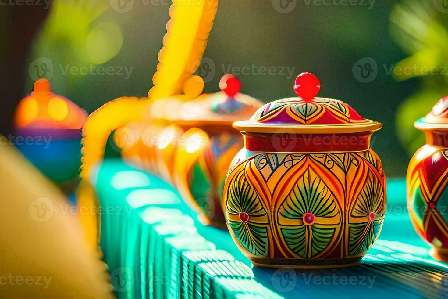 colorful pots on a table with a green background. AI-Generated photo