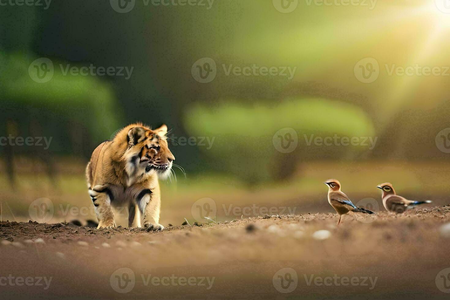 un Tigre y dos aves en el salvaje. generado por ai foto