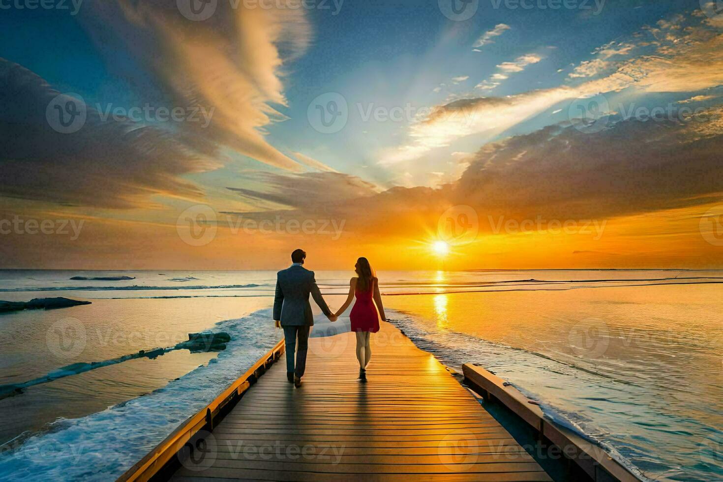 the couple is walking on a wooden bridge over the ocean. AI-Generated photo