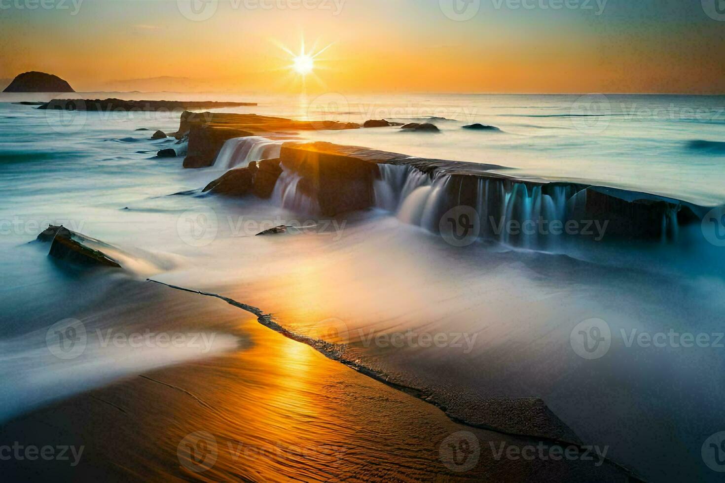 the sun rises over the ocean and waves. AI-Generated photo