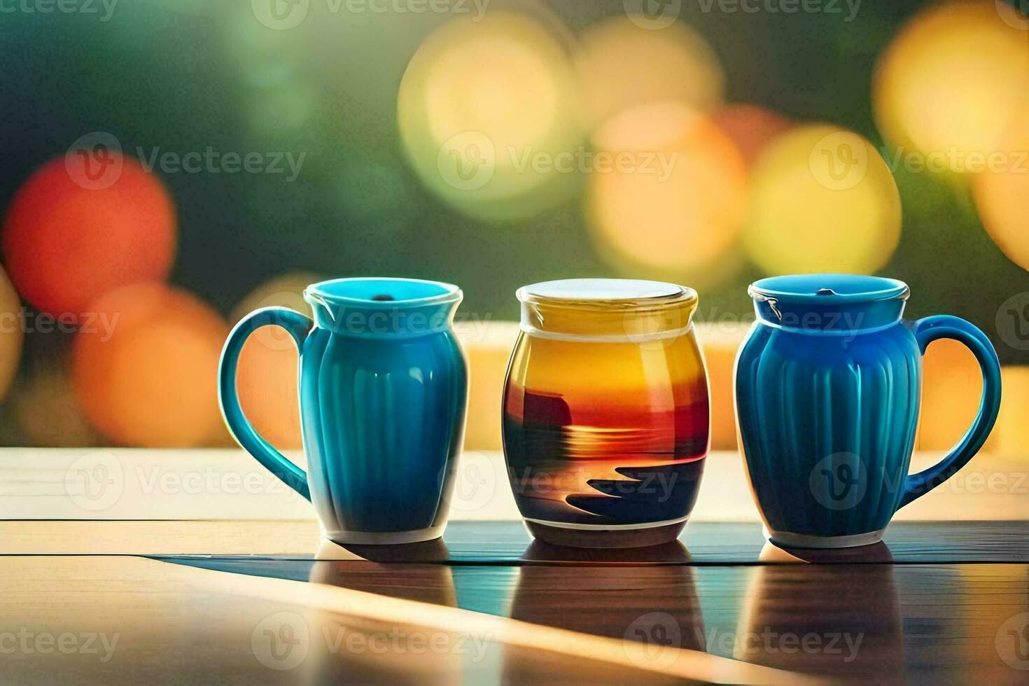 three colorful mugs sit on a table. AI-Generated photo