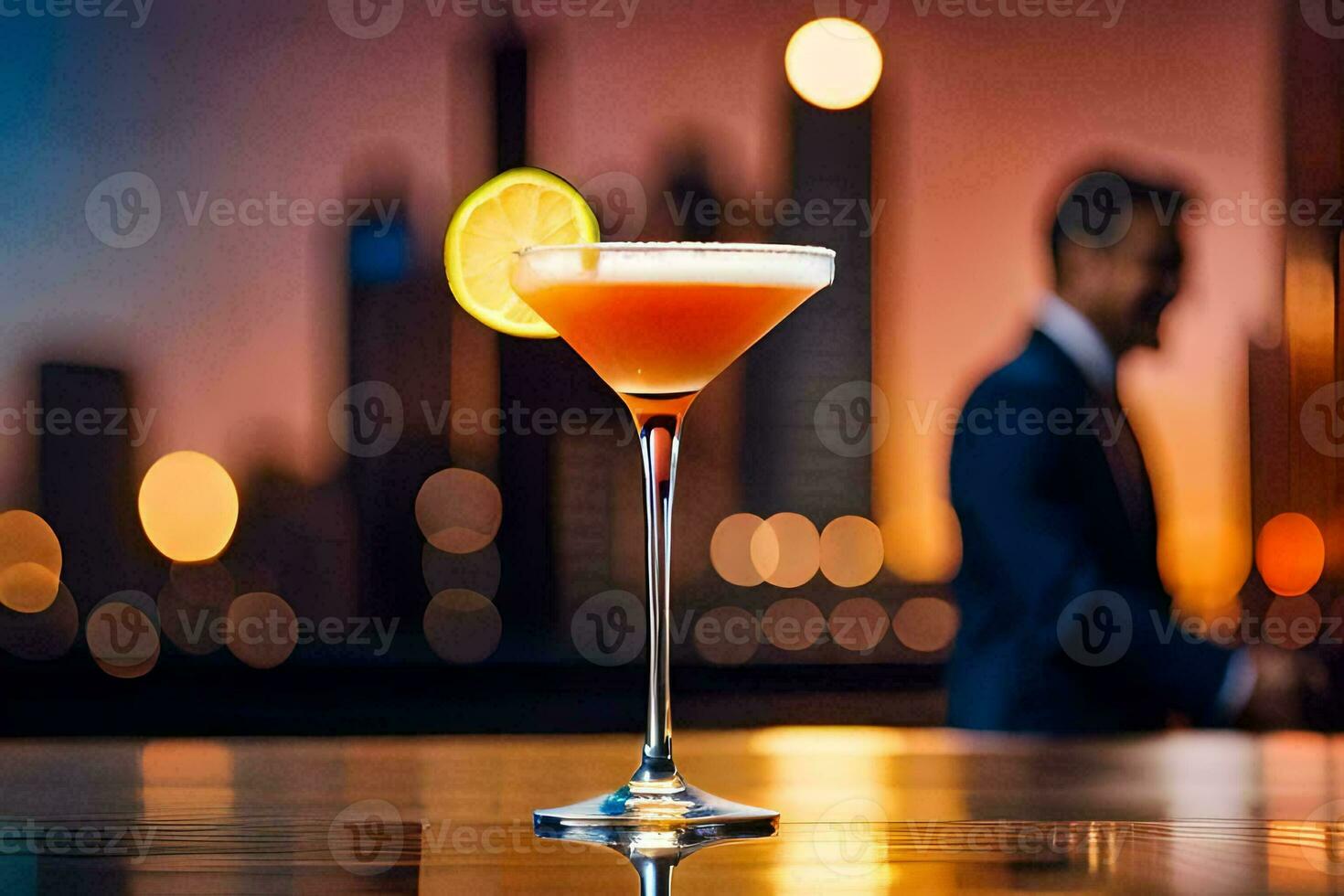 a cocktail with a sunset view. AI-Generated photo