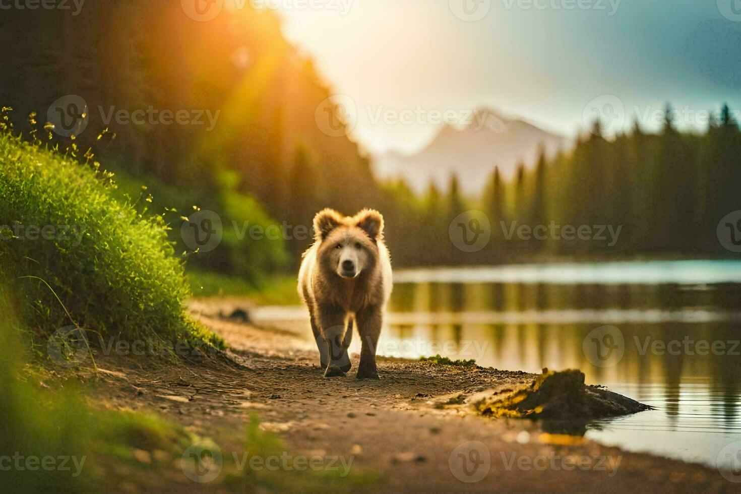 un oso caminando a lo largo el apuntalar de un lago. generado por ai foto