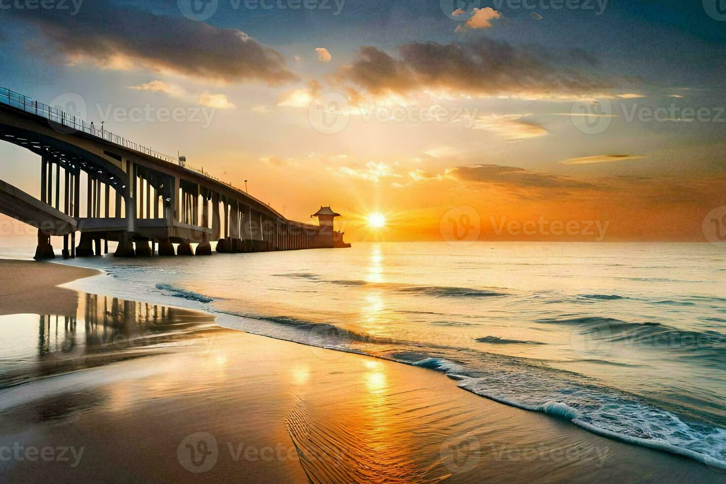 the sun sets over a pier and beach. AI-Generated photo