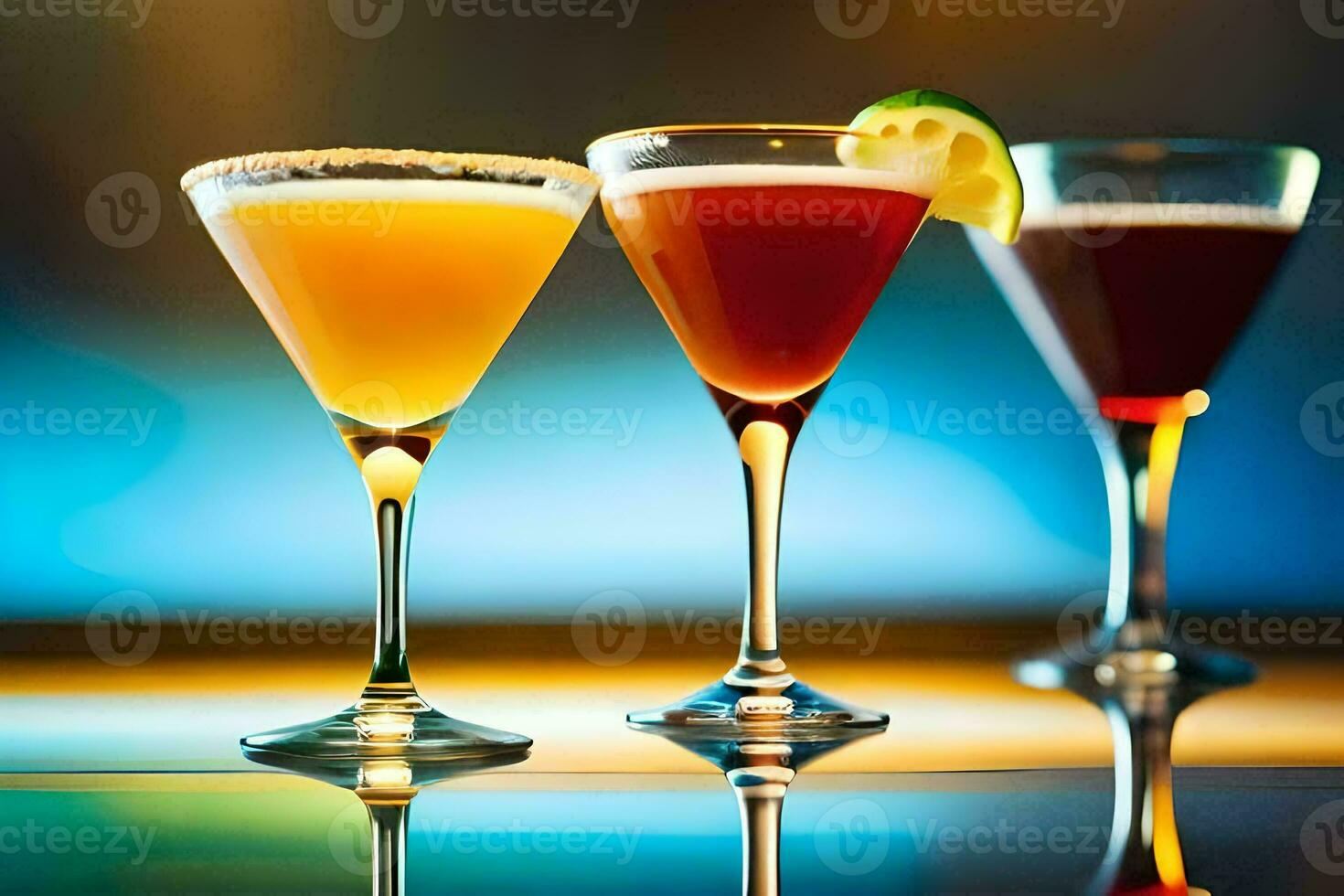 three different types of cocktails on a bar. AI-Generated photo