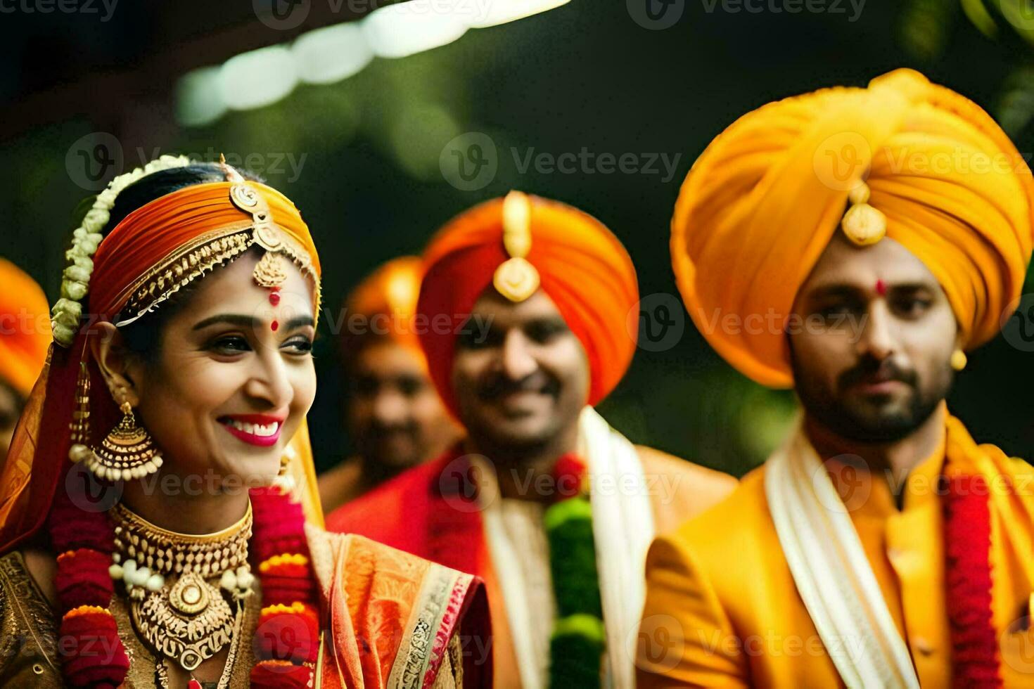 a bride and groom in traditional indian attire. AI-Generated photo