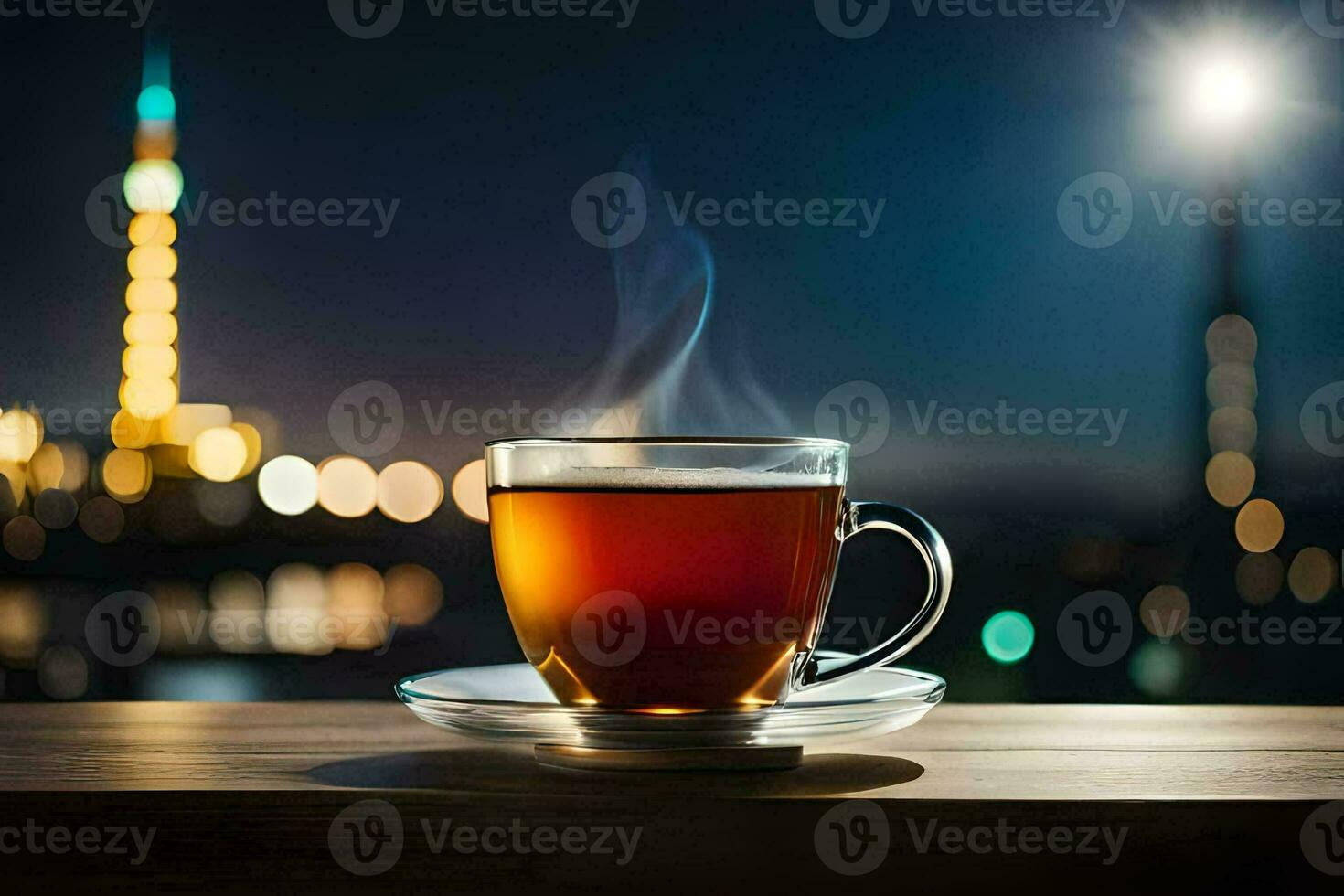 a cup of tea on a wooden table in front of the eiffel tower. AI-Generated photo