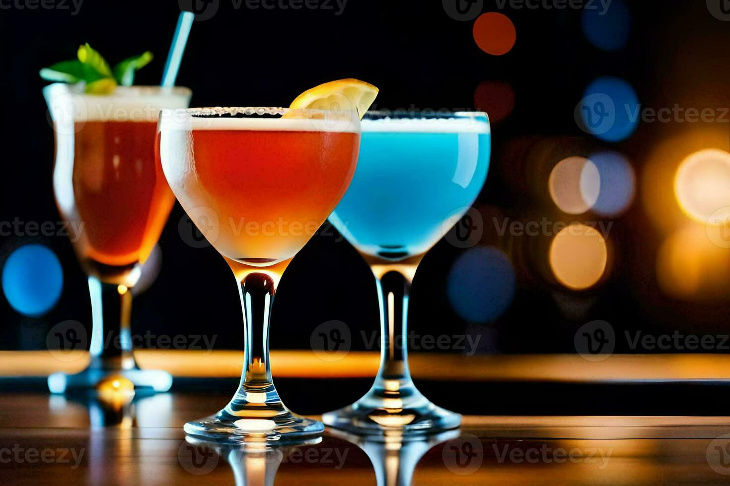 three different colored cocktails on a bar. AI-Generated photo