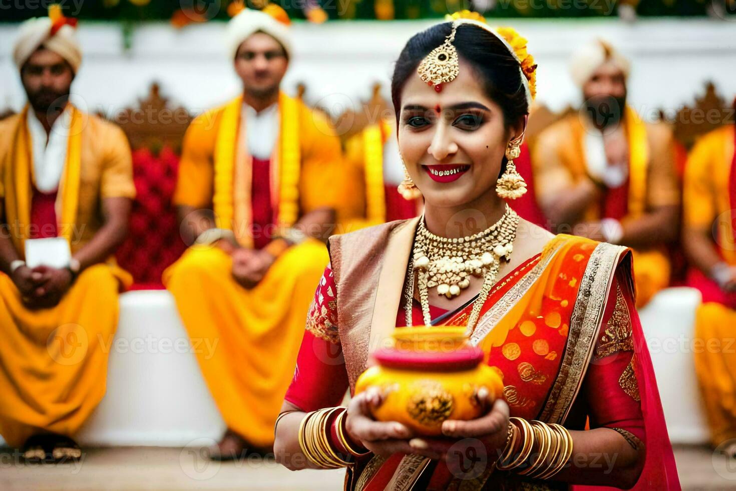 a beautiful indian bride holding a pot of gold. AI-Generated photo