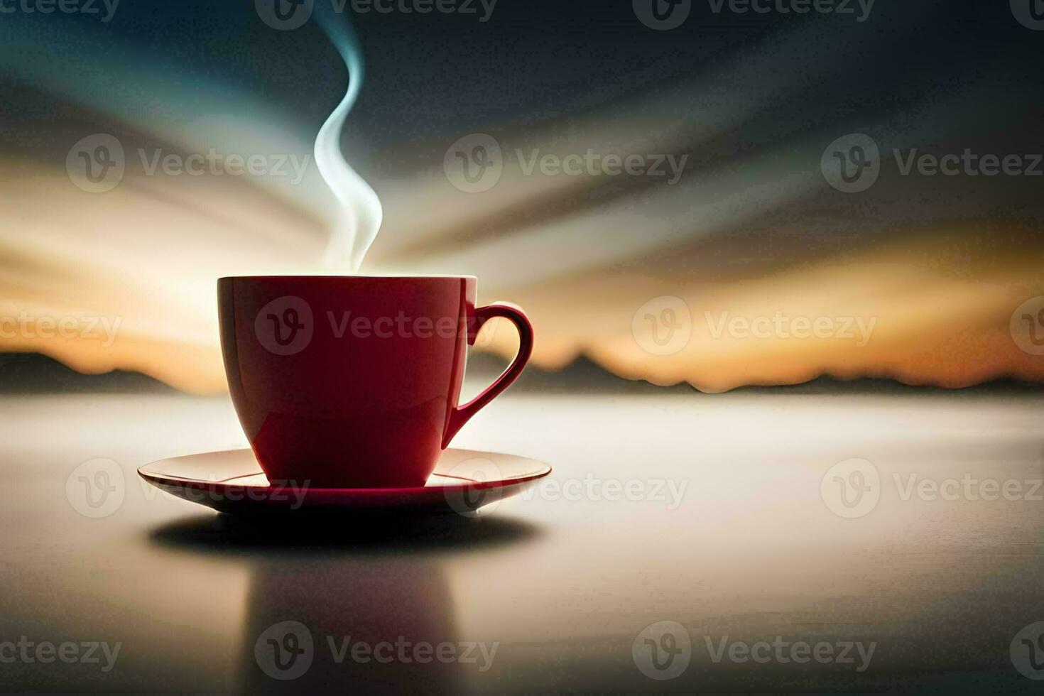 a red cup of coffee on a table. AI-Generated photo