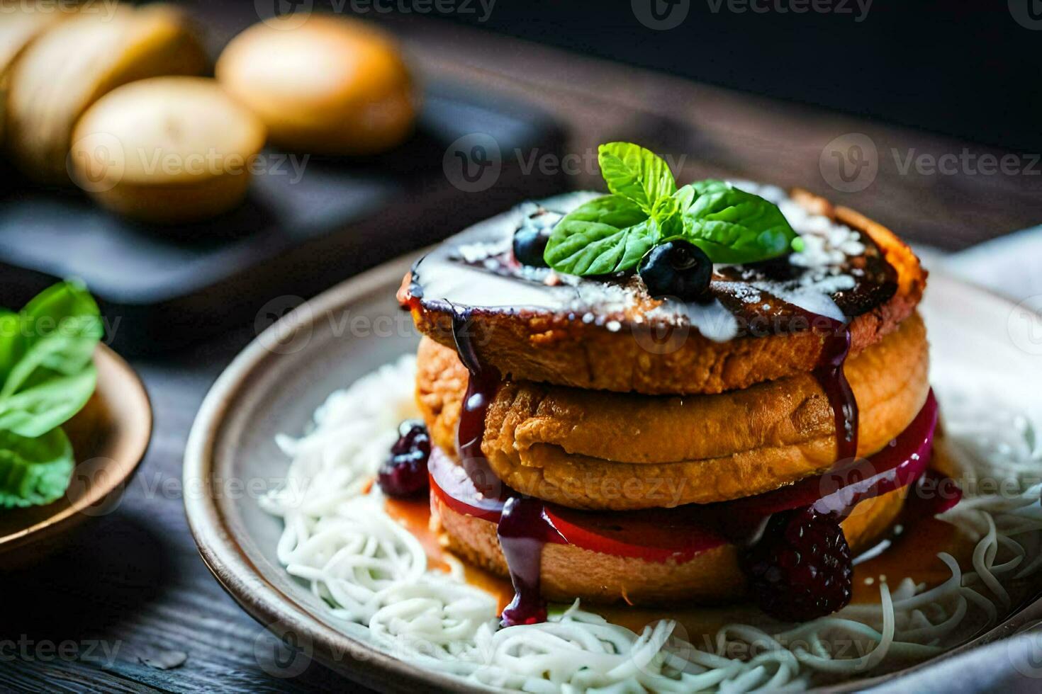 a stack of pancakes with berries and syrup. AI-Generated photo