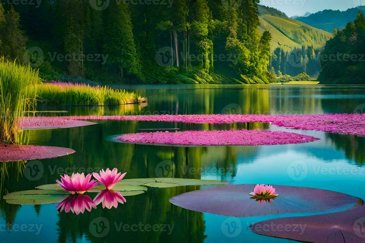 pink water lilies in a lake with green mountains in the background. AI-Generated photo