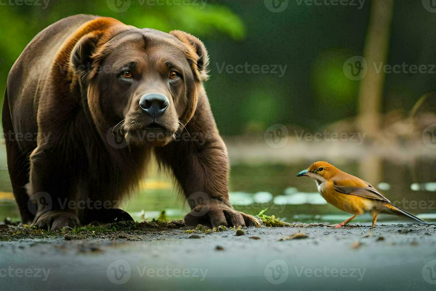 a brown bear and a bird standing next to each other. AI-Generated photo