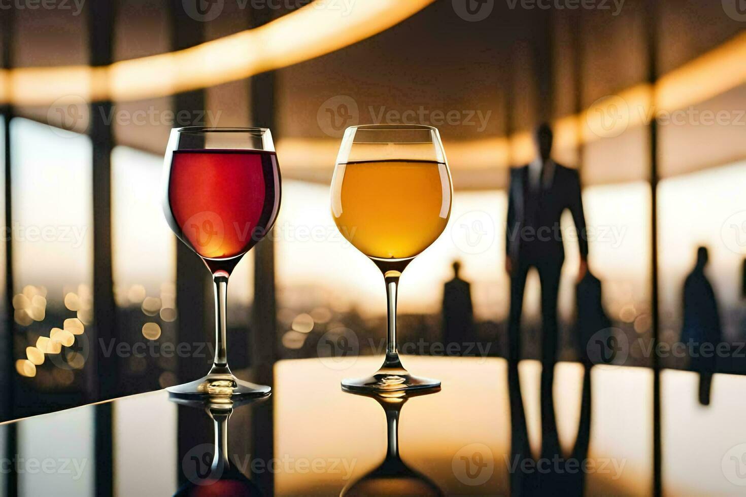 two glasses of wine on a table in front of a cityscape. AI-Generated photo