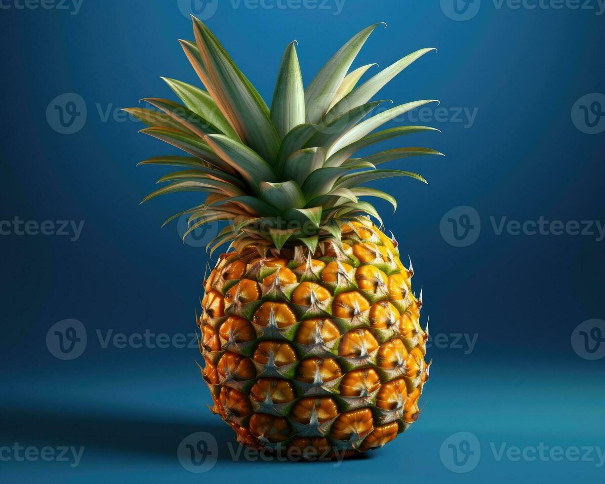 Closeup of Ripe Pineapple Fruit Isolated on Blue Color Studio Background. AI Generated photo