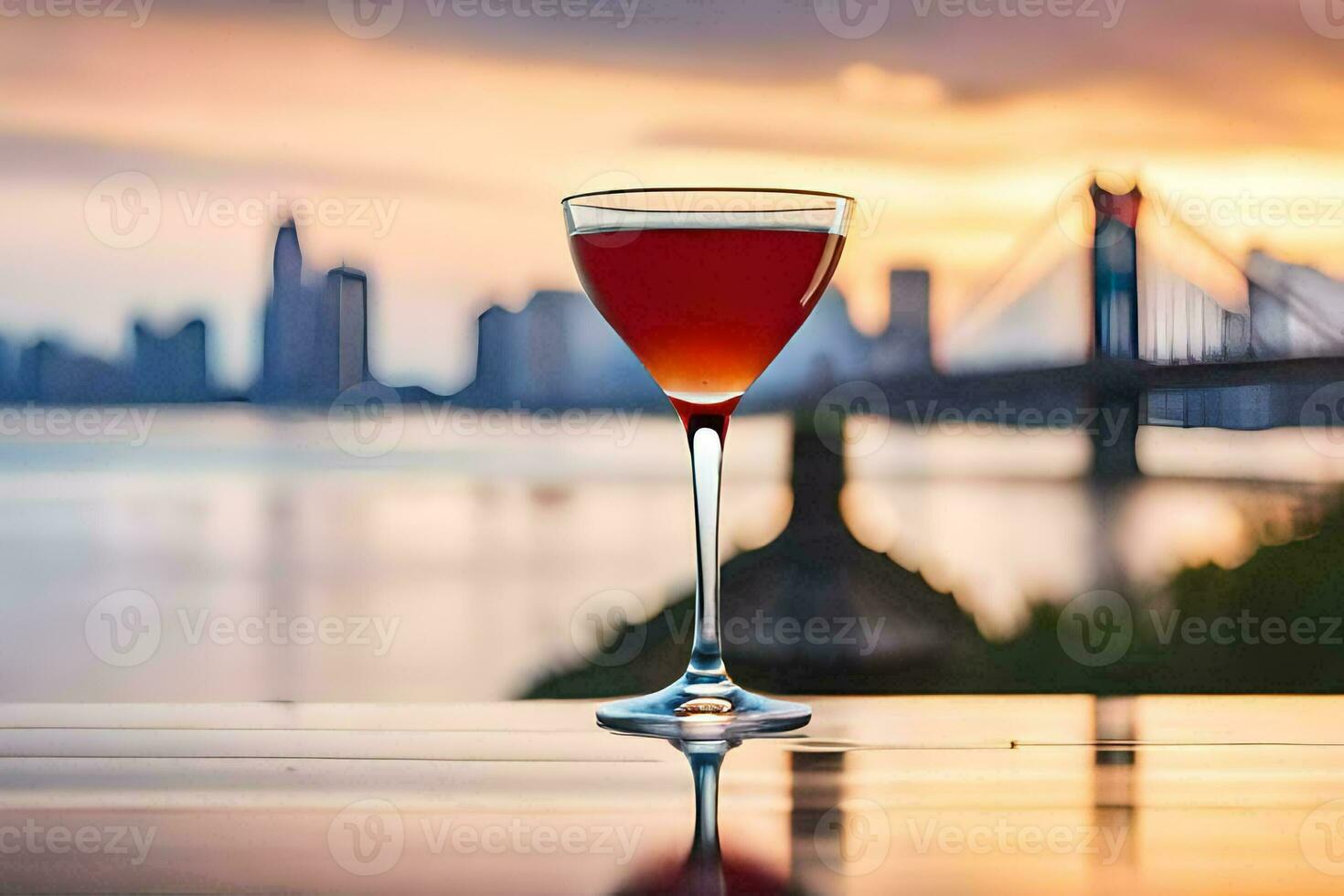 a cocktail glass with a view of the city skyline. AI-Generated photo