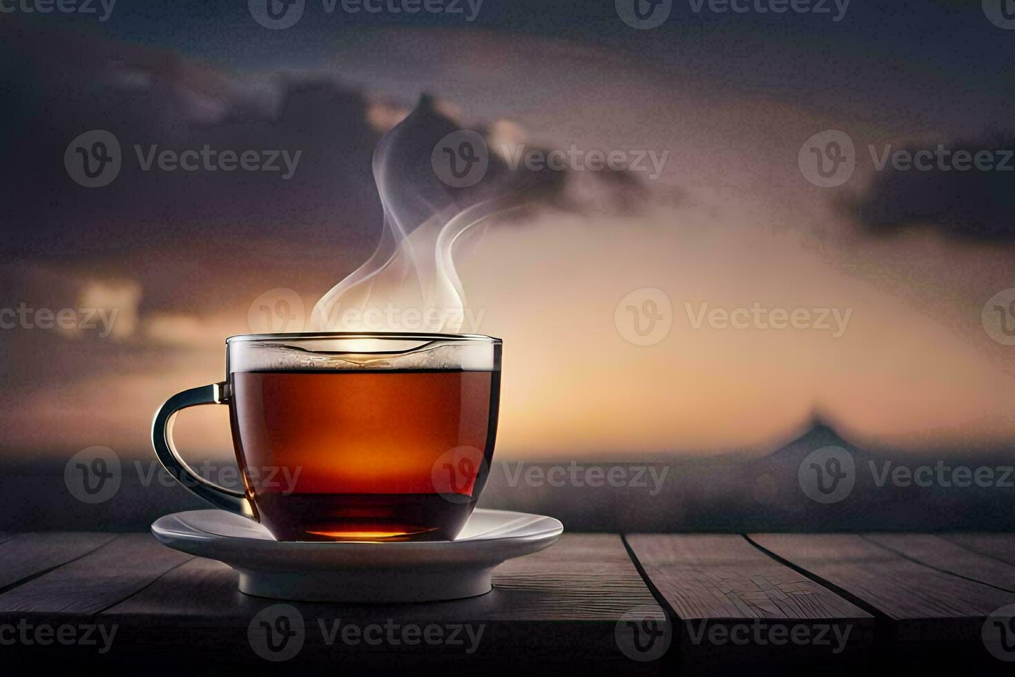 un taza de té en un de madera mesa. generado por ai foto