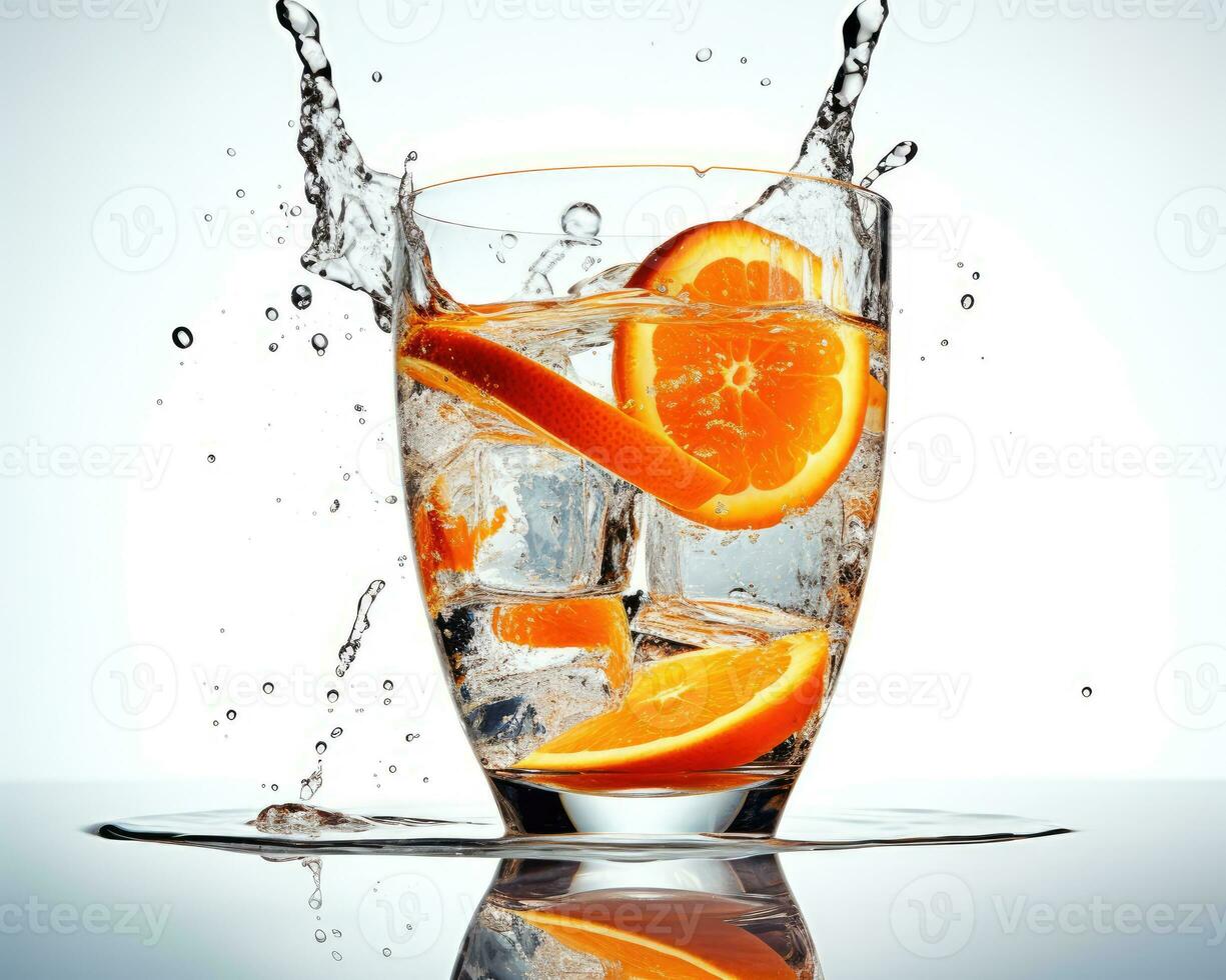 Slice of ripe orange fall into cold water with ice in a glass. Gin tonic splashing isolated on white background. AI Generated photo