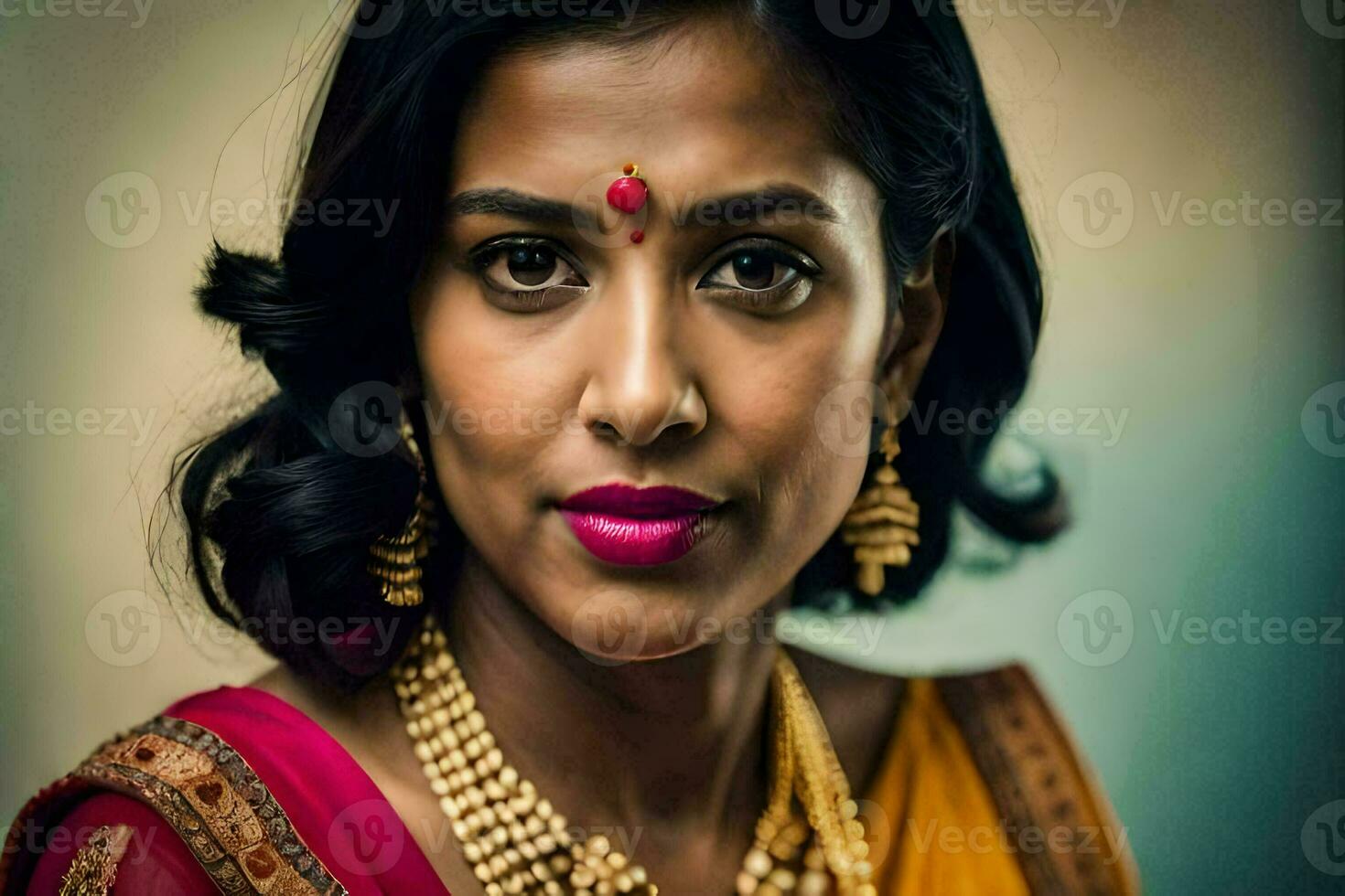 a woman in a sari with gold jewelry. AI-Generated photo