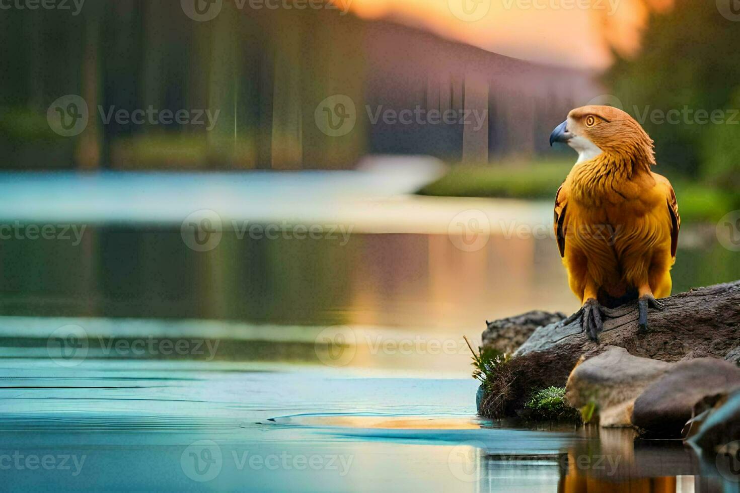 un pájaro se sienta en un rock por el agua. generado por ai foto