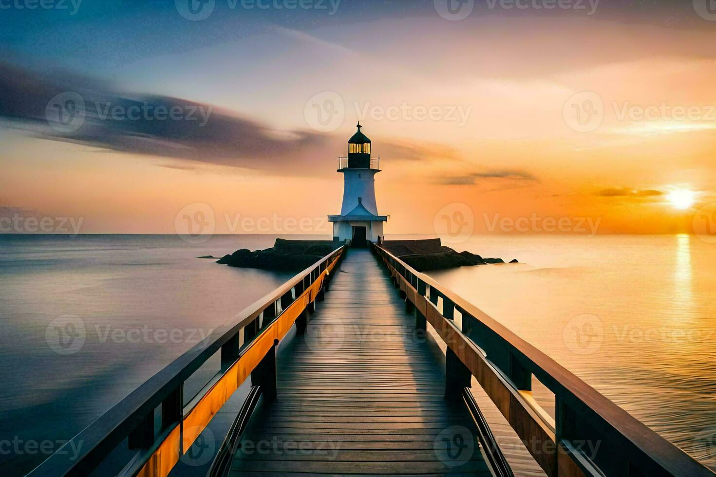 a lighthouse stands on a pier at sunset. AI-Generated photo