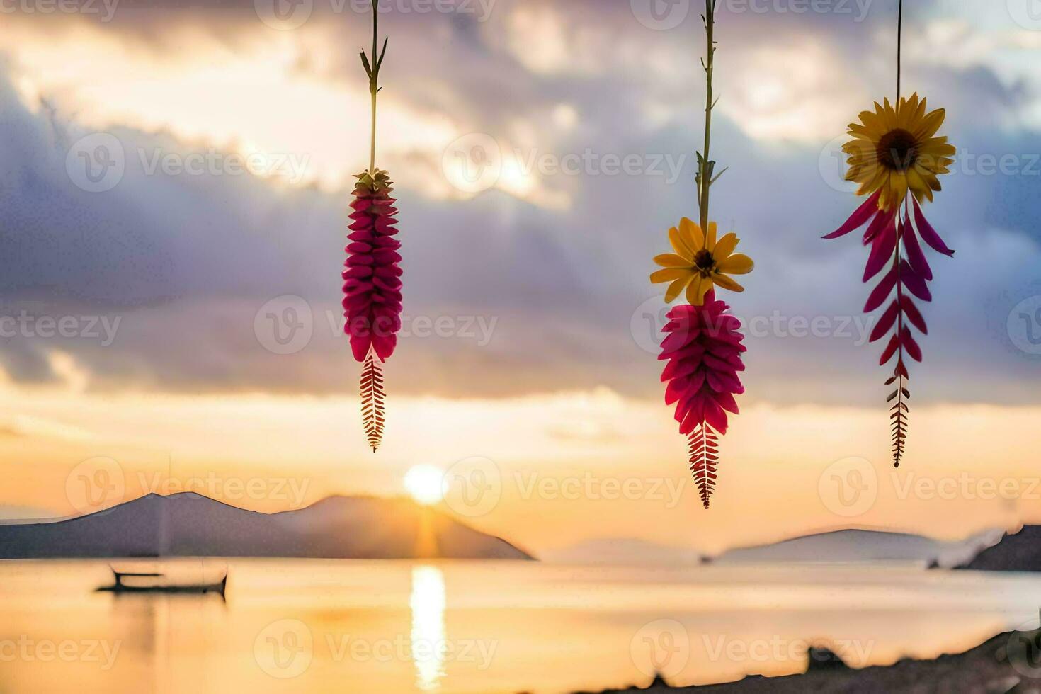 sunflowers hanging from the sky at sunset. AI-Generated photo