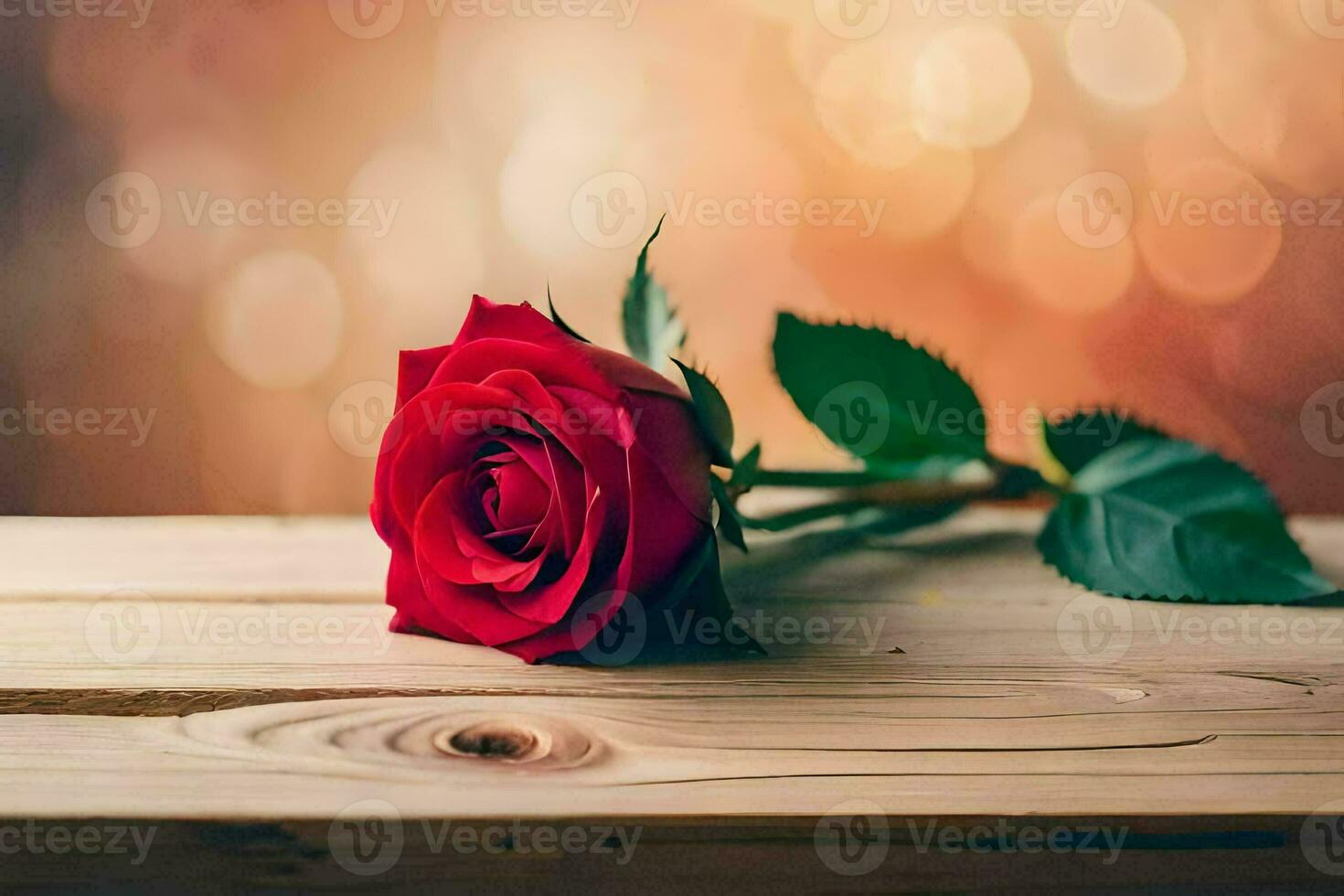 a single red rose on a wooden table. AI-Generated photo