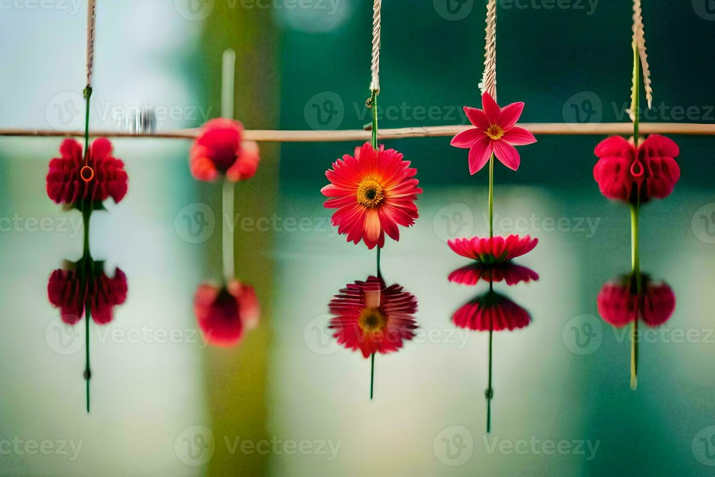 rojo flores colgando desde un cuerda terminado agua. generado por ai foto