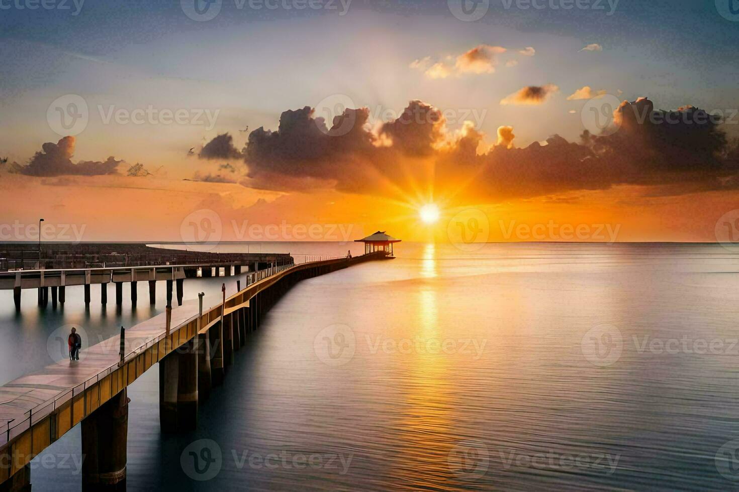 a pier with a sun setting over the ocean. AI-Generated photo