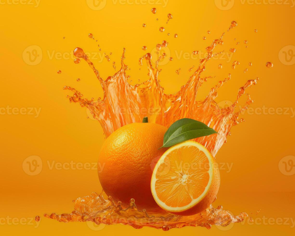 Whole and slices of oranges. Orange fruit with juice splash isolated on orange background. AI Generated photo