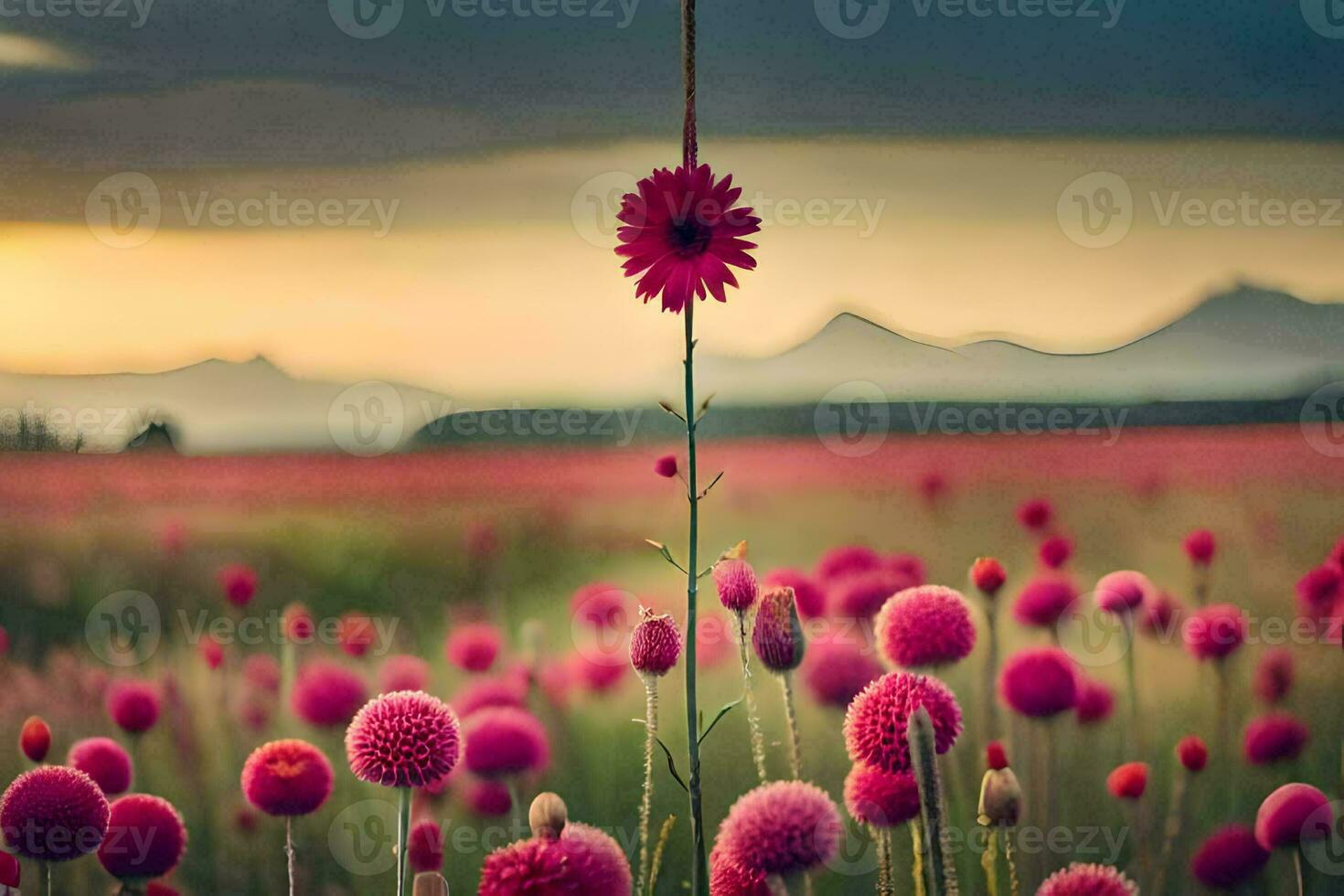 a pink flower stands in a field with mountains in the background. AI-Generated photo