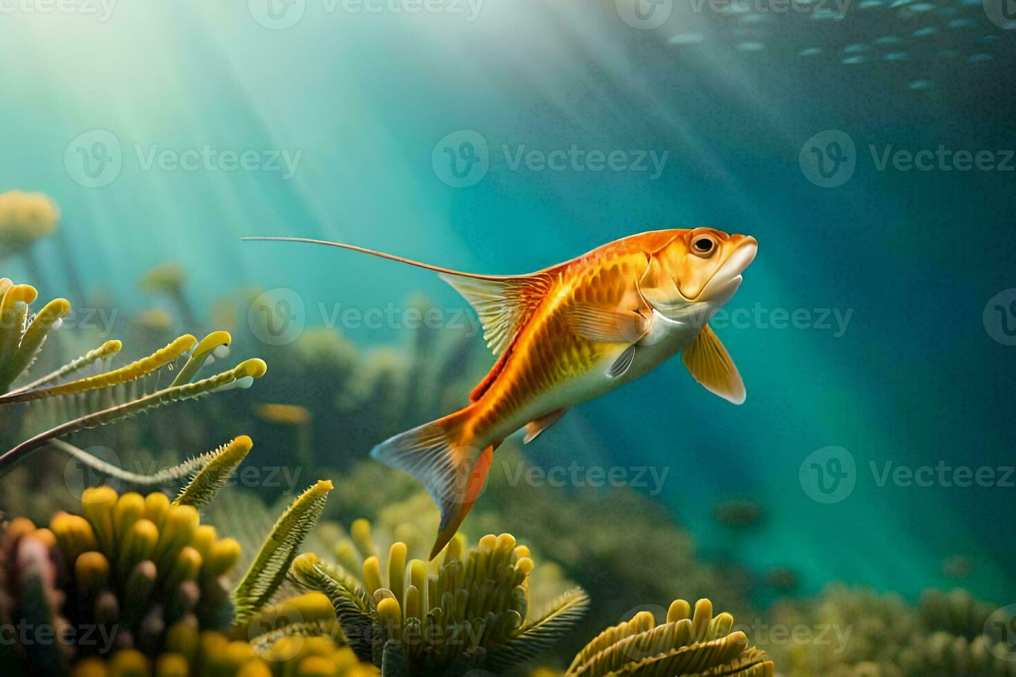 a fish swimming in the ocean with coral reefs. AI-Generated photo