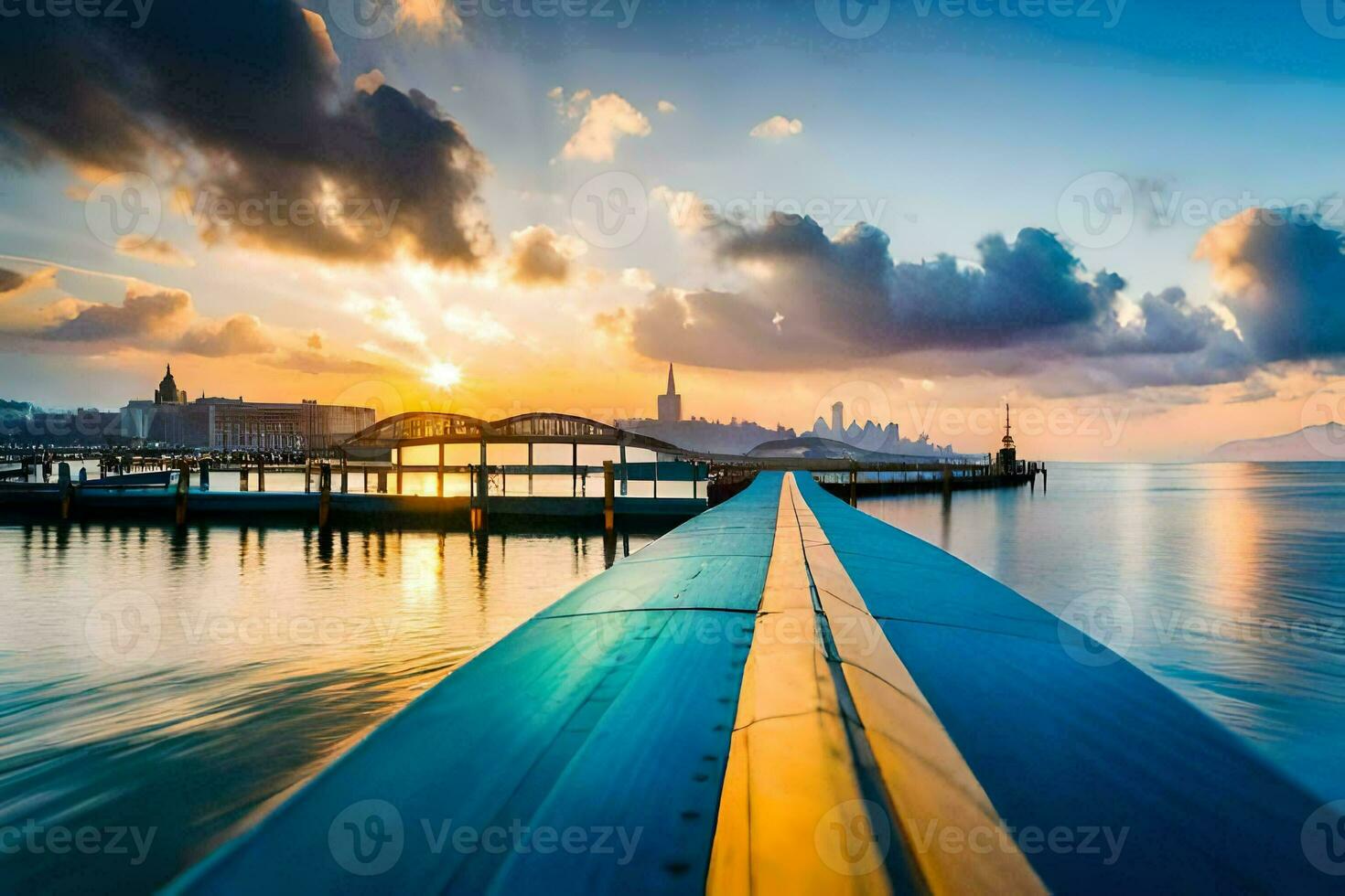 a long pier with a boat in the water at sunset. AI-Generated photo