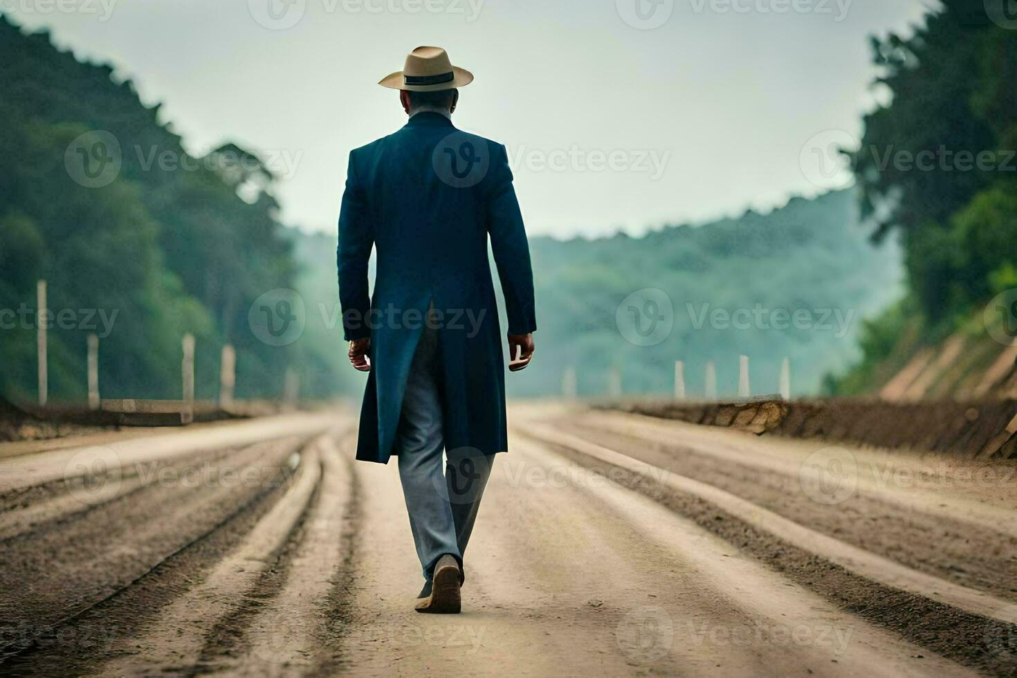 un hombre en un traje y sombrero caminando abajo un suciedad la carretera. generado por ai foto