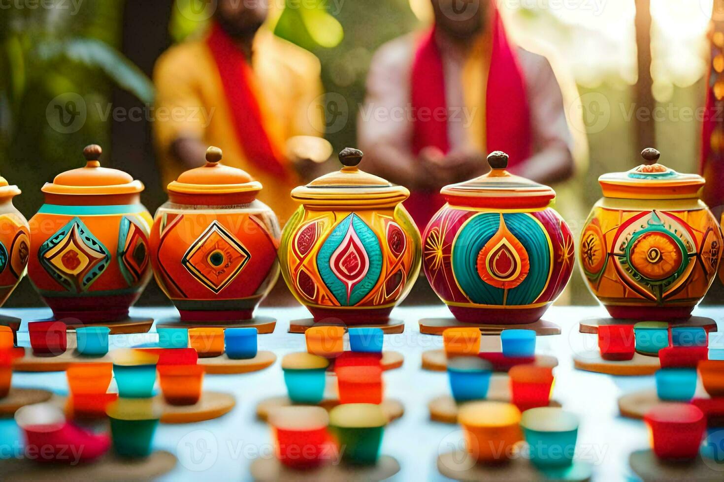 colorful pots and candles are arranged on a table. AI-Generated photo
