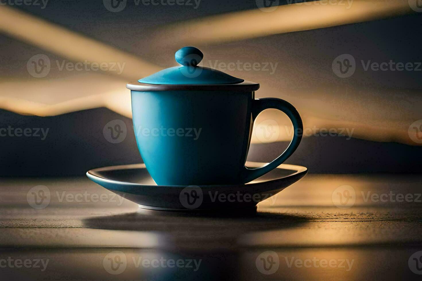 a blue cup sits on a saucer in front of a mountain. AI-Generated photo