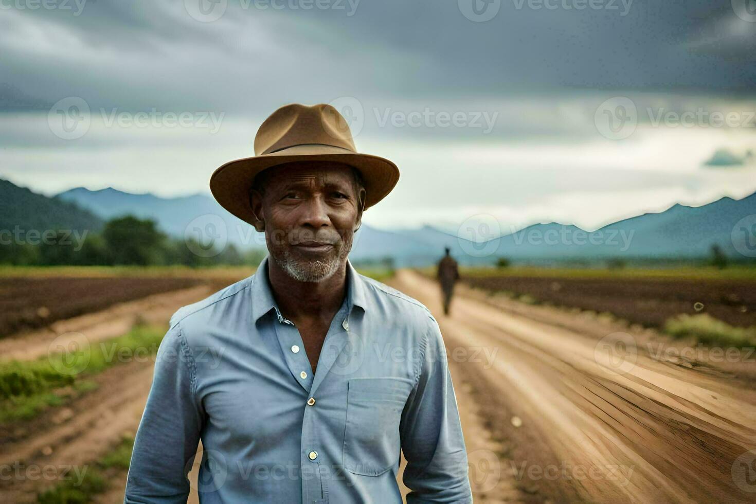a man in a hat standing on a dirt road. AI-Generated photo
