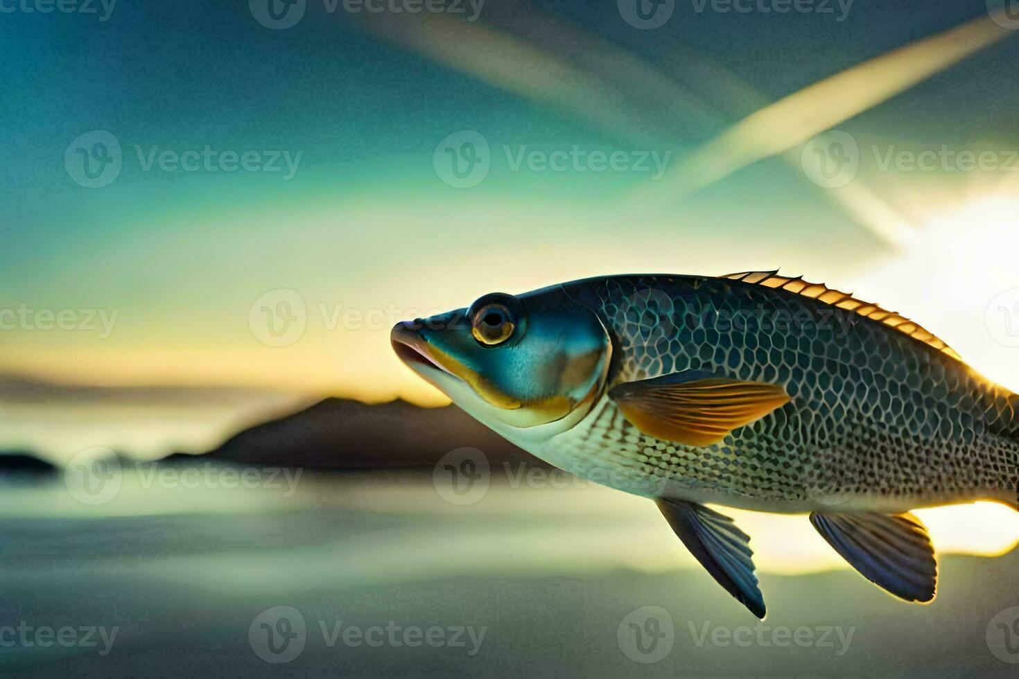 a fish is shown in the background at sunset. AI-Generated photo